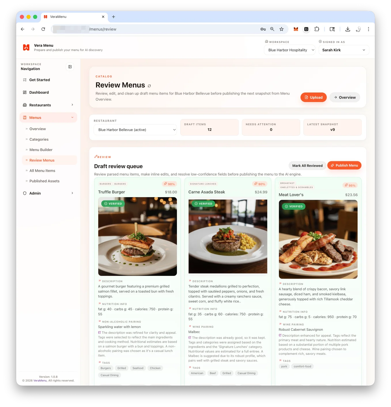 Menu review screen in Vera Menu