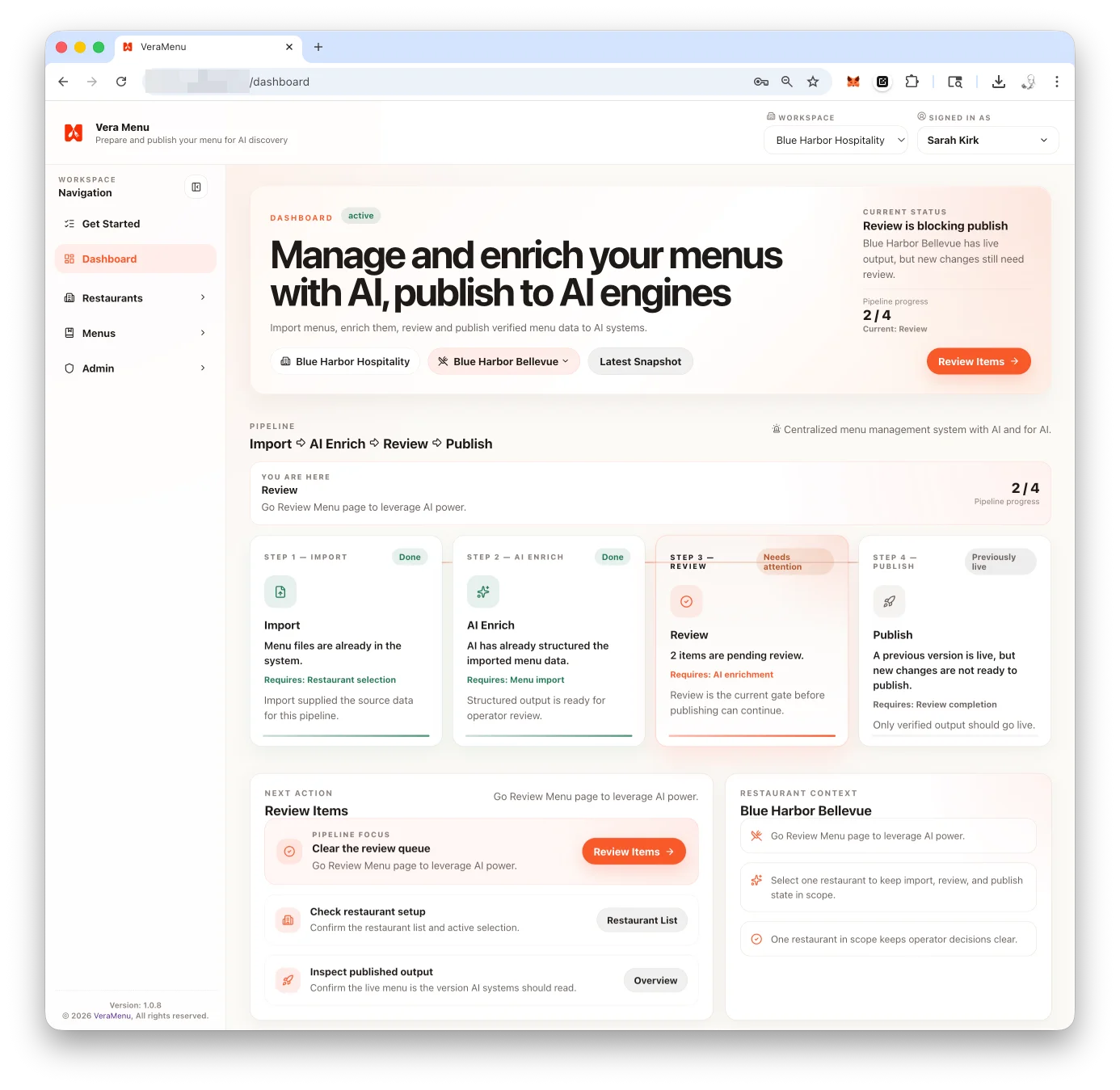 Dashboard screen in Vera Menu